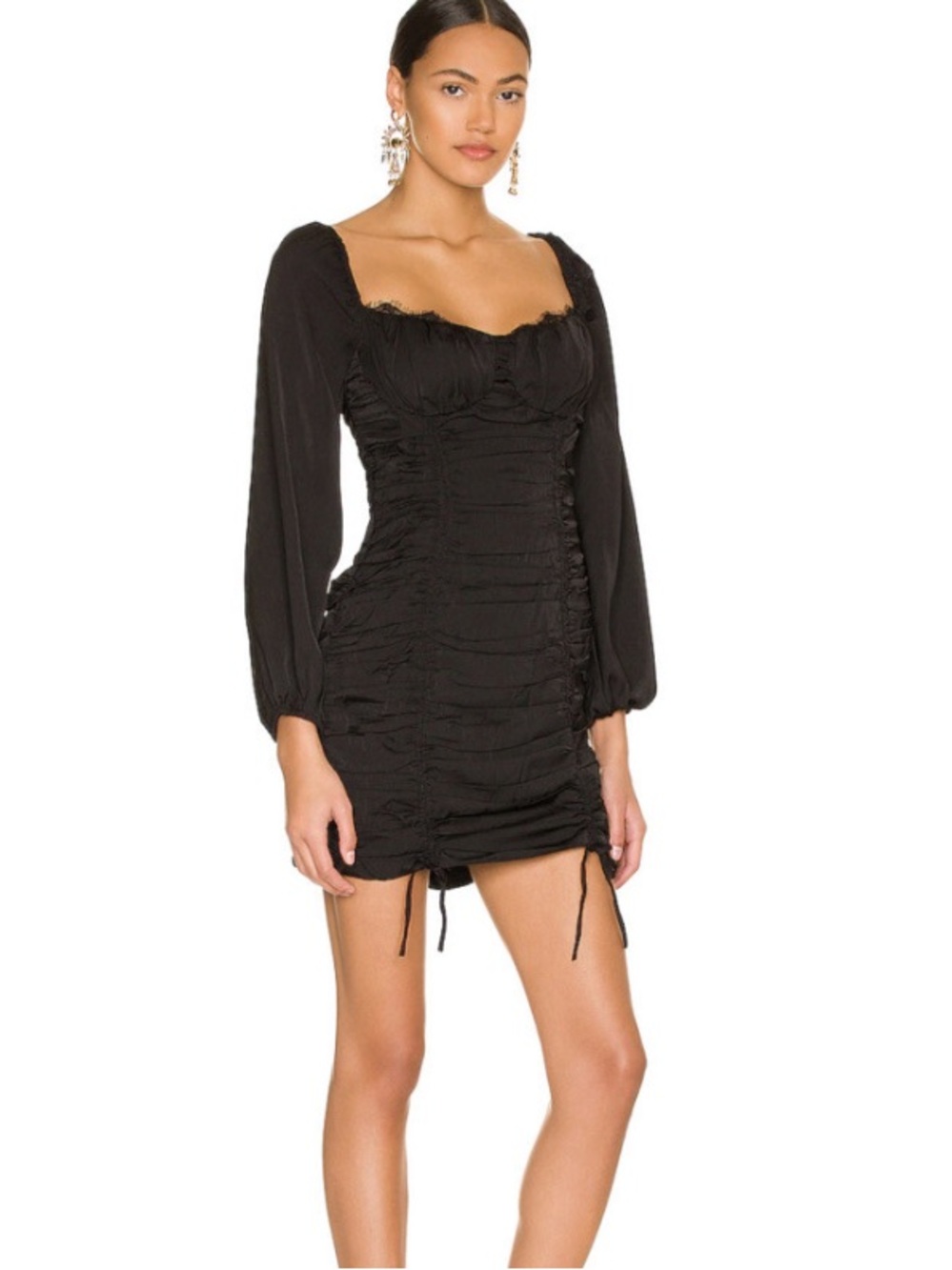 Astr Black Ruched Long-Sleeve Mini Dress with Square Neckline